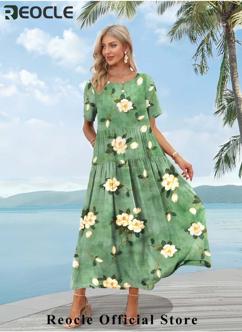 Women Casual Loose Bohemian Floral Dress with Pockets Short Sleeve Long Maxi Summer Beach Swing Dress EJF