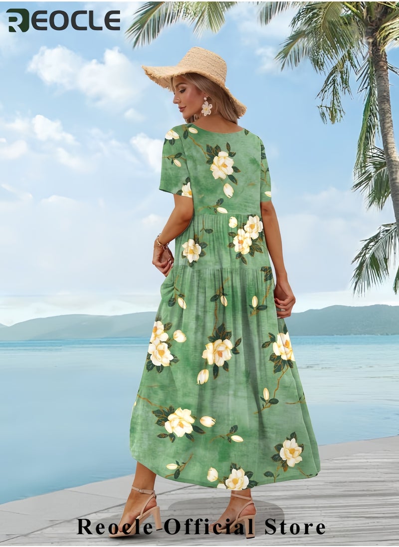 Women Casual Loose Bohemian Floral Dress with Pockets Short Sleeve Long Maxi Summer Beach Swing Dress EJF