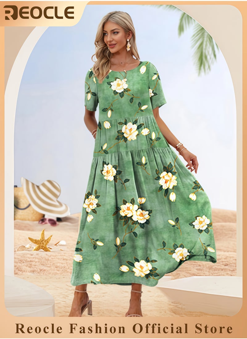 Women Casual Loose Bohemian Floral Dress with Pockets Short Sleeve Long Maxi Summer Beach Swing Dress EJF