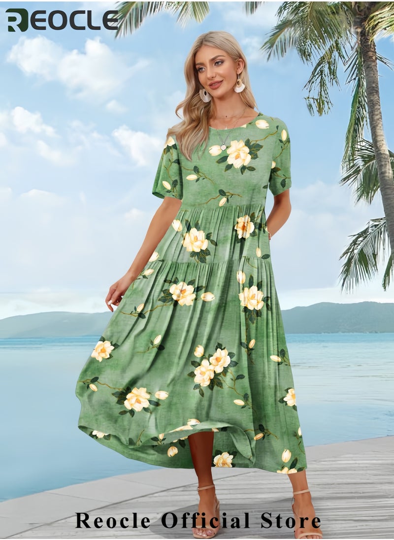 Women Casual Loose Bohemian Floral Dress with Pockets Short Sleeve Long Maxi Summer Beach Swing Dress EJF