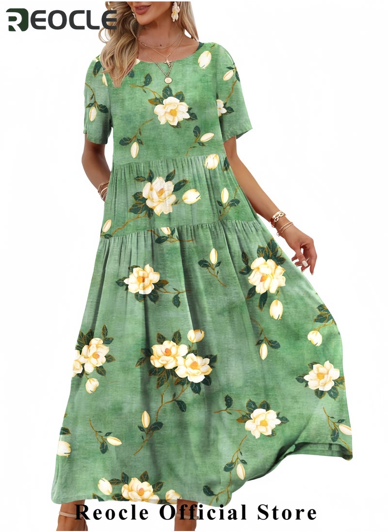 Women Casual Loose Bohemian Floral Dress with Pockets Short Sleeve Long Maxi Summer Beach Swing Dress EJF