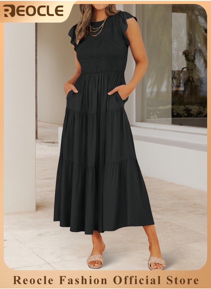 Women's Summer Casual Flutter Short Sleeve Crew Neck Smocked Elastic Waist Tiered Midi Dress