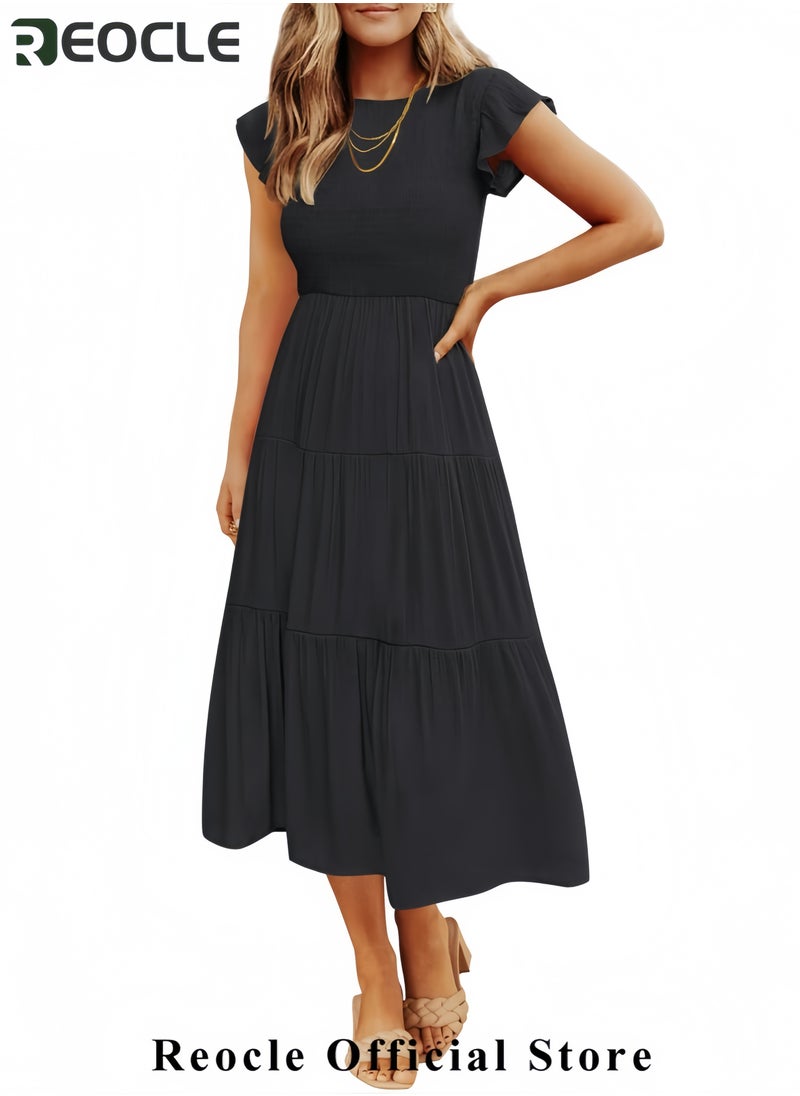 Women's Summer Casual Flutter Short Sleeve Crew Neck Smocked Elastic Waist Tiered Midi Dress