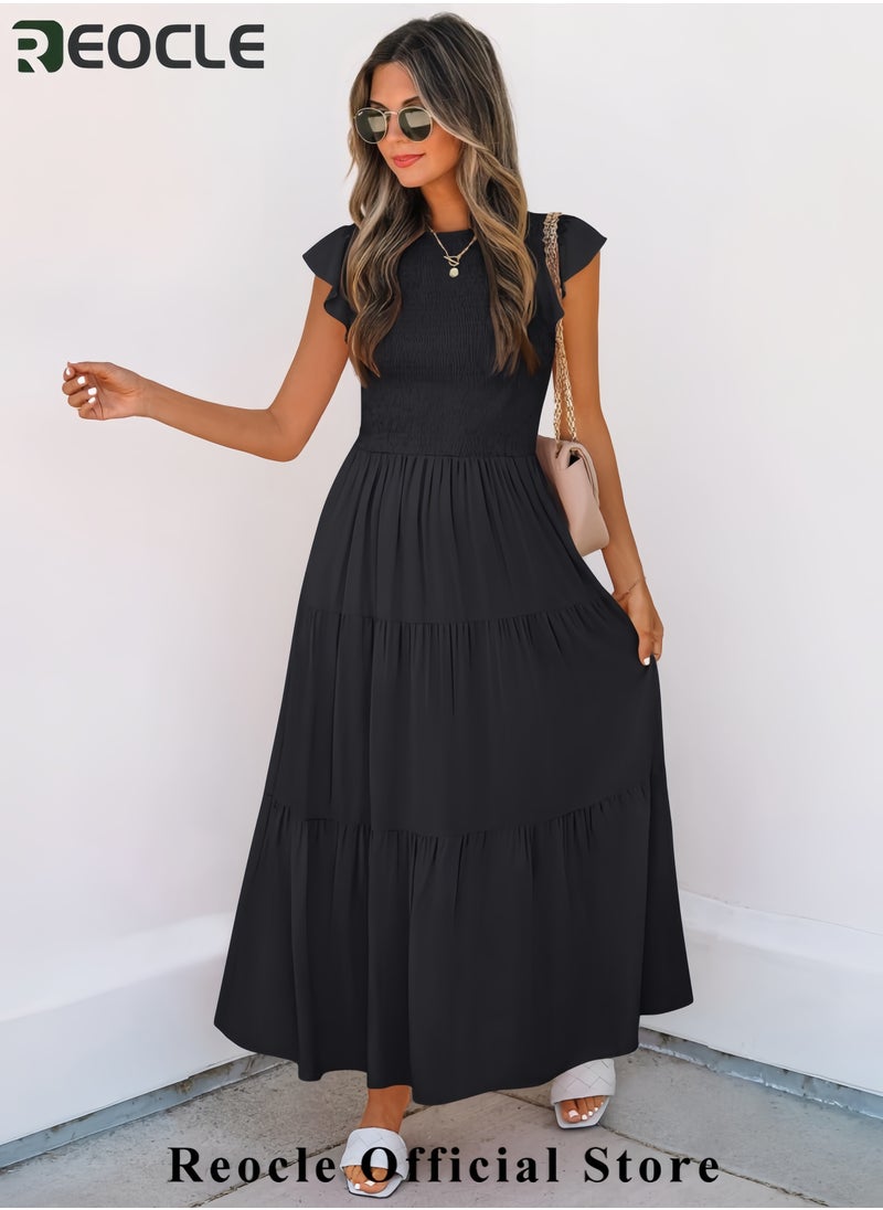 Women's Summer Casual Flutter Short Sleeve Crew Neck Smocked Elastic Waist Tiered Midi Dress