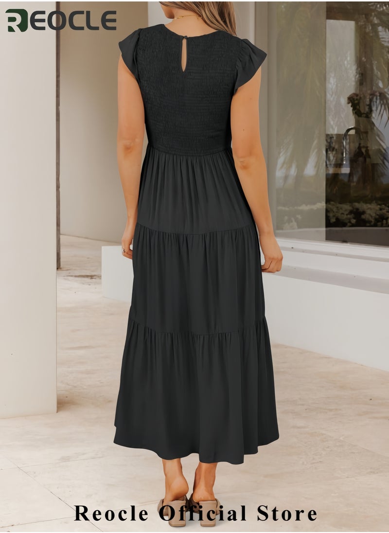 Women's Summer Casual Flutter Short Sleeve Crew Neck Smocked Elastic Waist Tiered Midi Dress