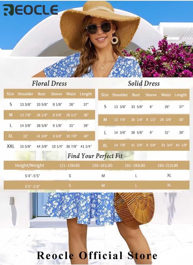 Womens Sundress Summer Floral Short Sleeve Wrap V Neck A-Line Midi Dress