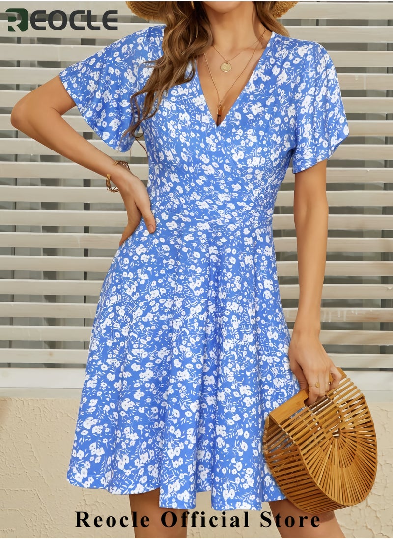Womens Sundress Summer Floral Short Sleeve Wrap V Neck A-Line Midi Dress