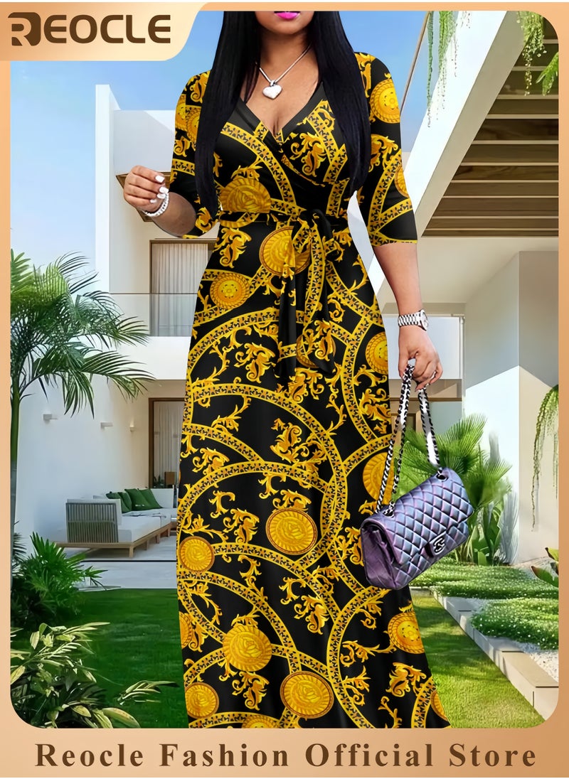 Plus Size Maxi Dress for Women Casual Summer Sundress V-Neck 3/4 Sleeve