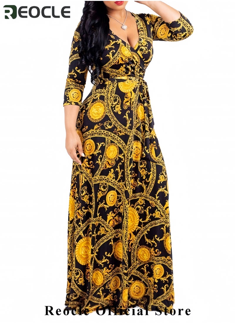 Plus Size Maxi Dress for Women Casual Summer Sundress V-Neck 3/4 Sleeve
