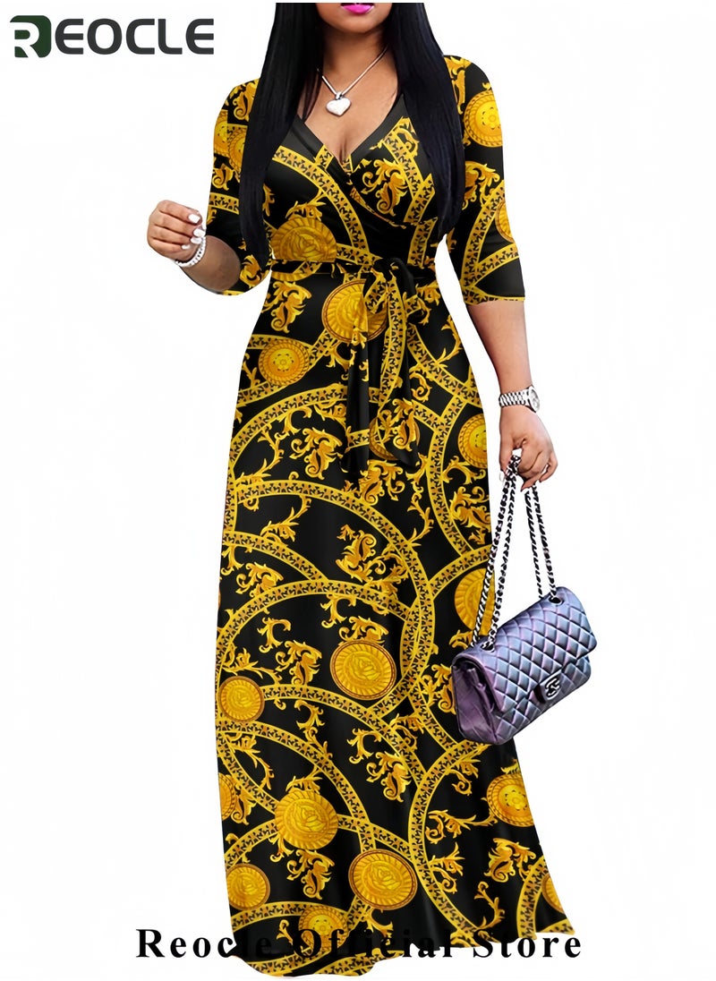 Plus Size Maxi Dress for Women Casual Summer Sundress V-Neck 3/4 Sleeve