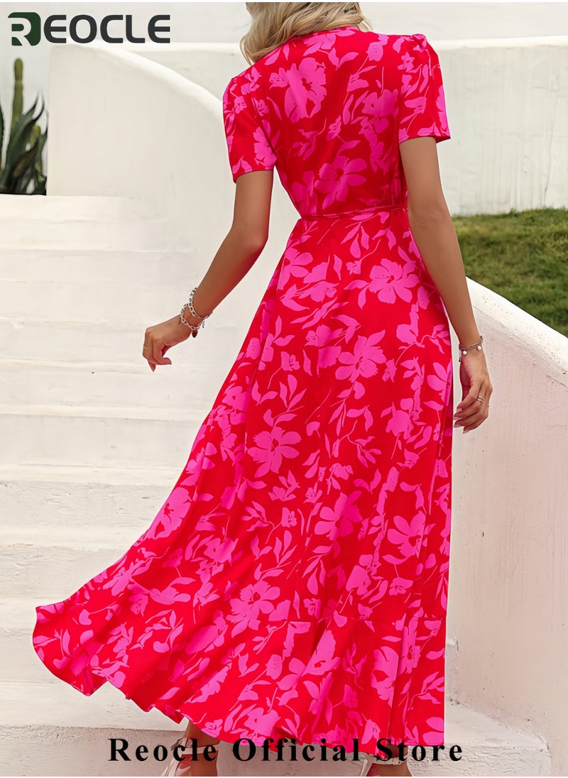Women's Summer Wrap Maxi Dress Casual Boho Floral V Neck Short Sleeve Ruffle Hem Split Beach Long Dresses
