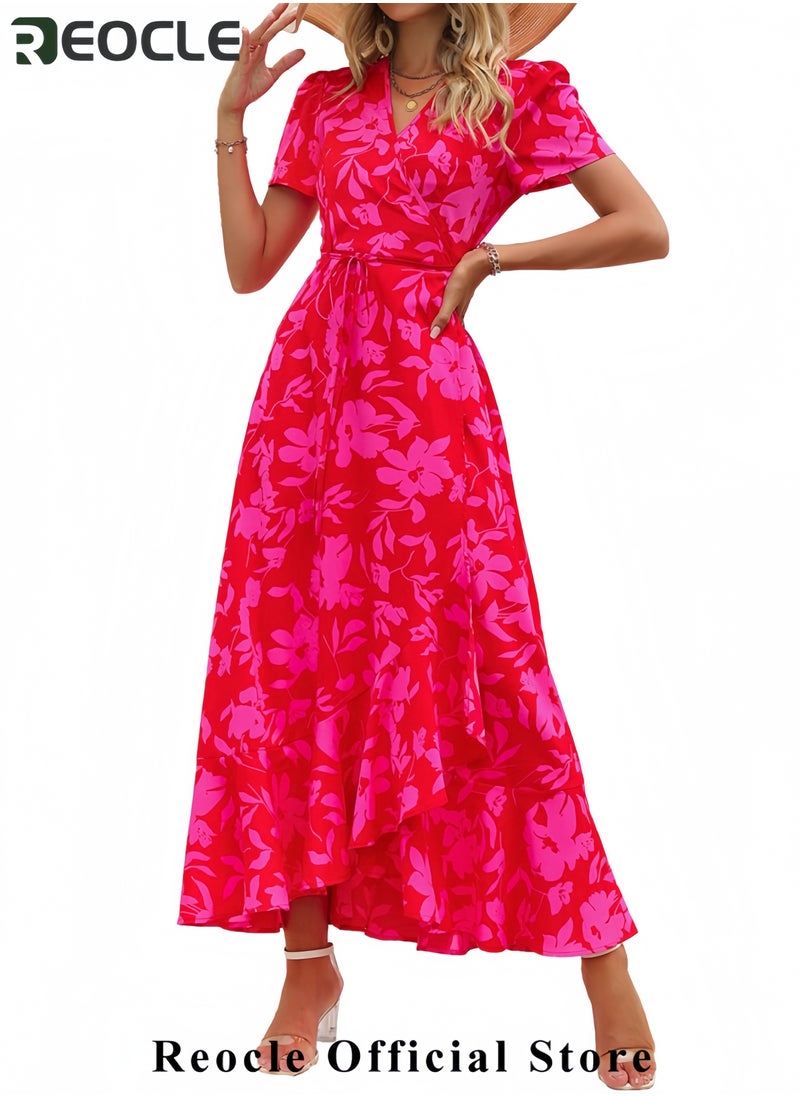 Women's Summer Wrap Maxi Dress Casual Boho Floral V Neck Short Sleeve Ruffle Hem Split Beach Long Dresses