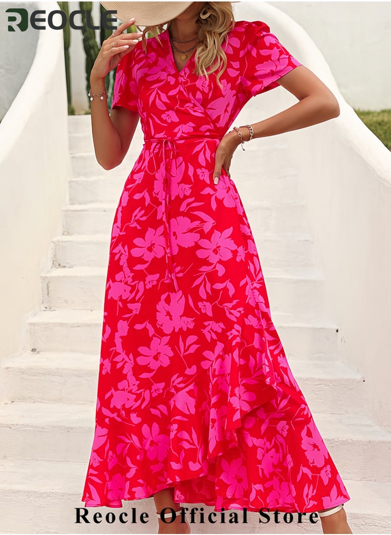 Women's Summer Wrap Maxi Dress Casual Boho Floral V Neck Short Sleeve Ruffle Hem Split Beach Long Dresses
