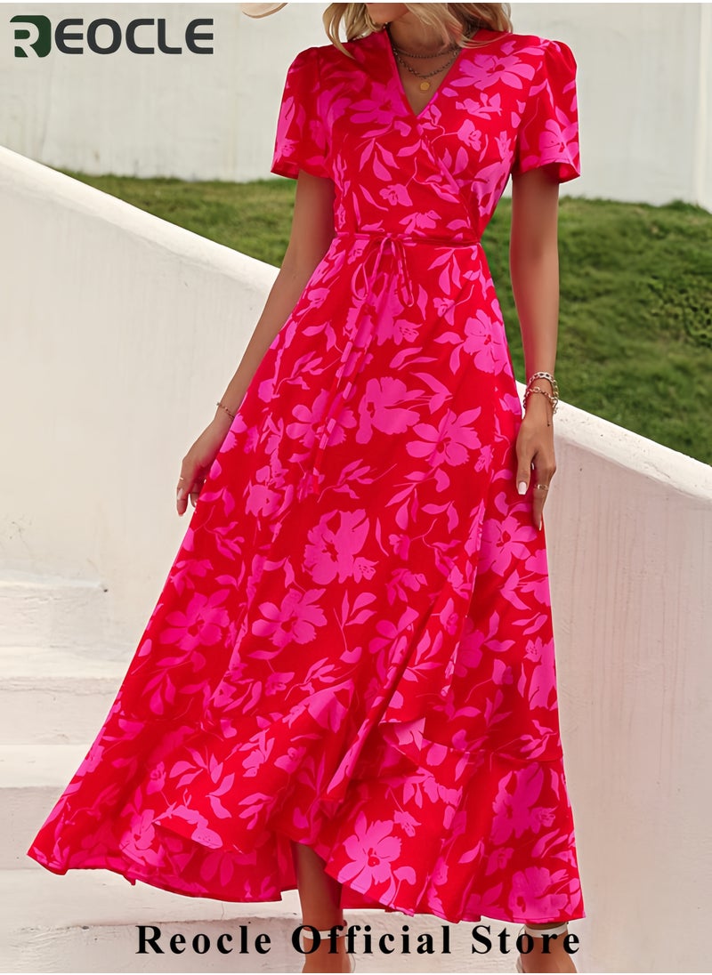 Women's Summer Wrap Maxi Dress Casual Boho Floral V Neck Short Sleeve Ruffle Hem Split Beach Long Dresses