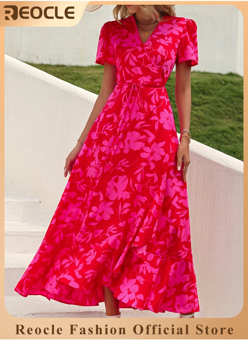 Women's Summer Wrap Maxi Dress Casual Boho Floral V Neck Short Sleeve Ruffle Hem Split Beach Long Dresses
