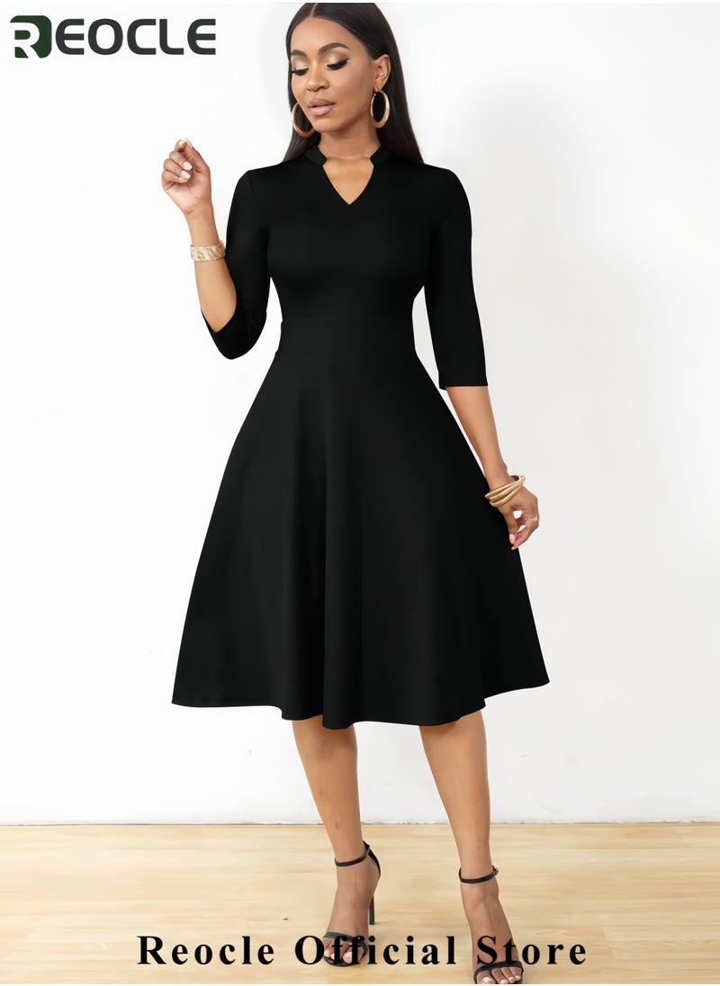 Casual Dresses for Women Semi Formal Fit and Flare 3/4 Sleeve A-line Church Work Dress with Pockets