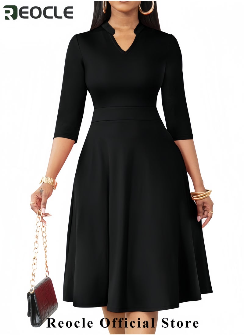 Casual Dresses for Women Semi Formal Fit and Flare 3/4 Sleeve A-line Church Work Dress with Pockets
