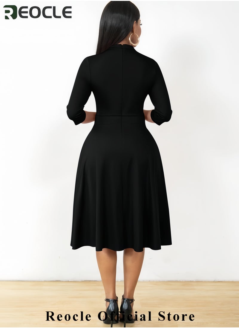 Casual Dresses for Women Semi Formal Fit and Flare 3/4 Sleeve A-line Church Work Dress with Pockets