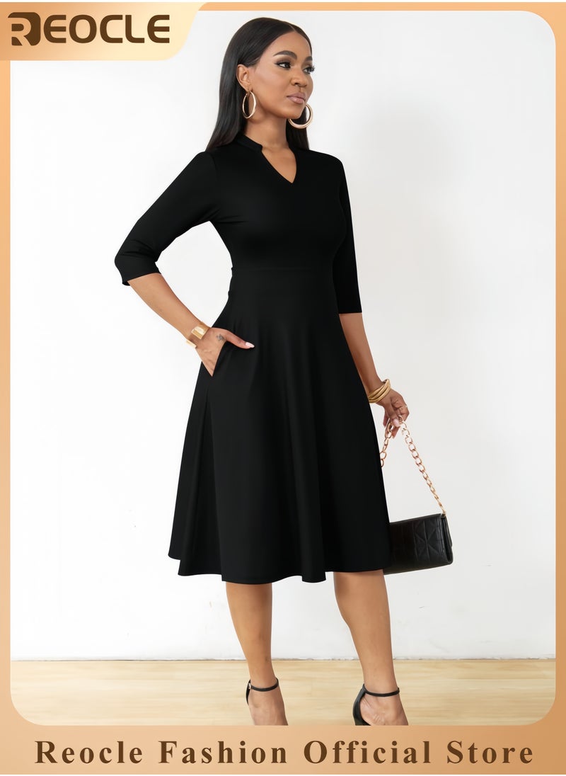 Casual Dresses for Women Semi Formal Fit and Flare 3/4 Sleeve A-line Church Work Dress with Pockets