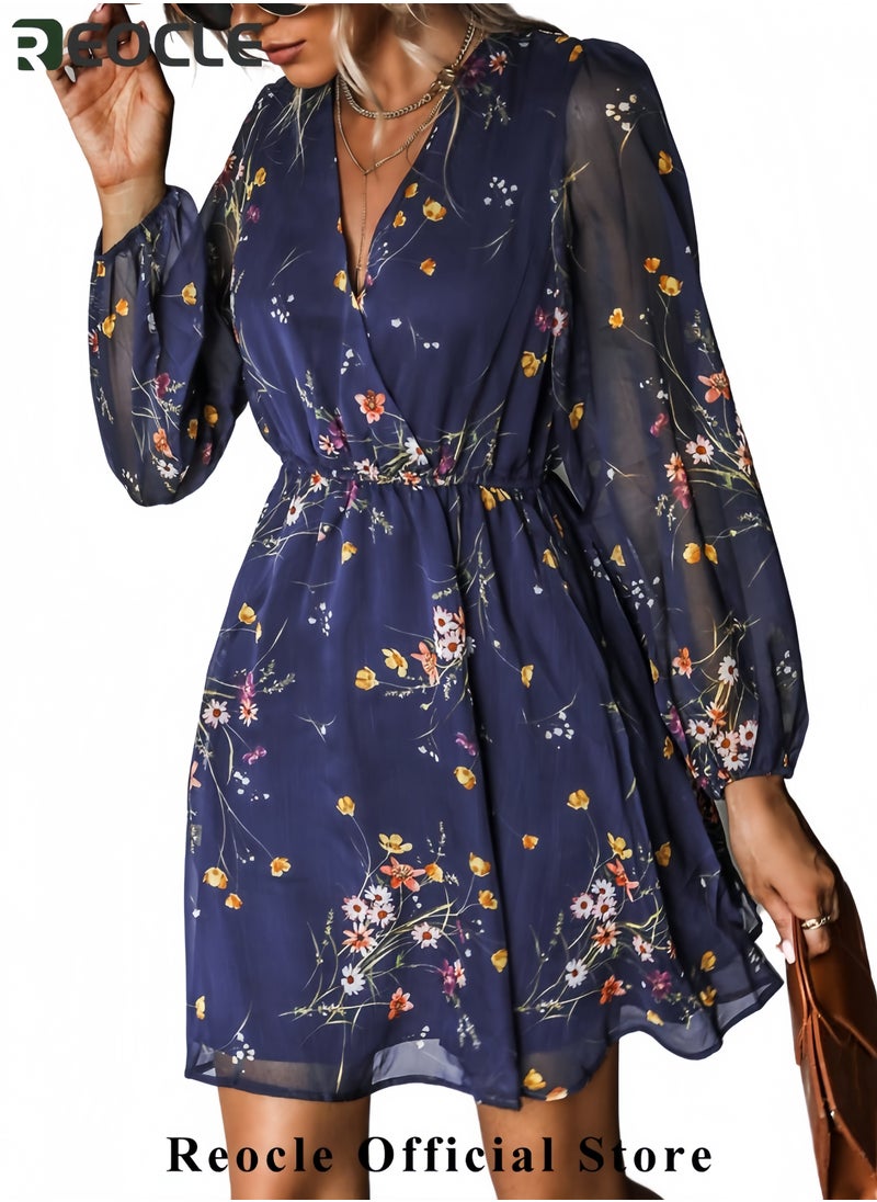 Women's Mini Dresses Casual Spring V Neck Chiffon Long Peasant Sleeves Flowy Summer Dress