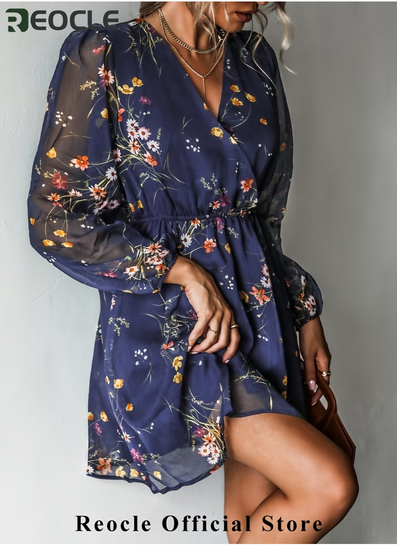 Women's Mini Dresses Casual Spring V Neck Chiffon Long Peasant Sleeves Flowy Summer Dress