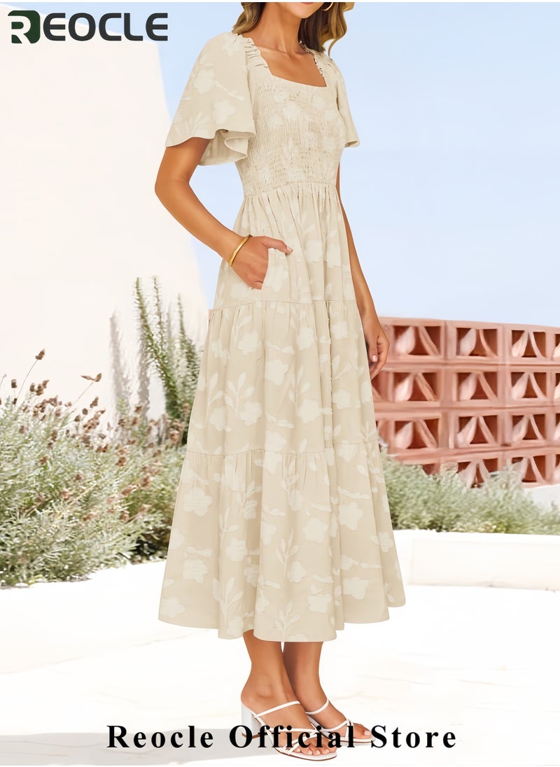 Women's Summer Boho Floral Midi Dresses Casual Short Sleeve Square Neck Flowy Beach Vacation Long Dress