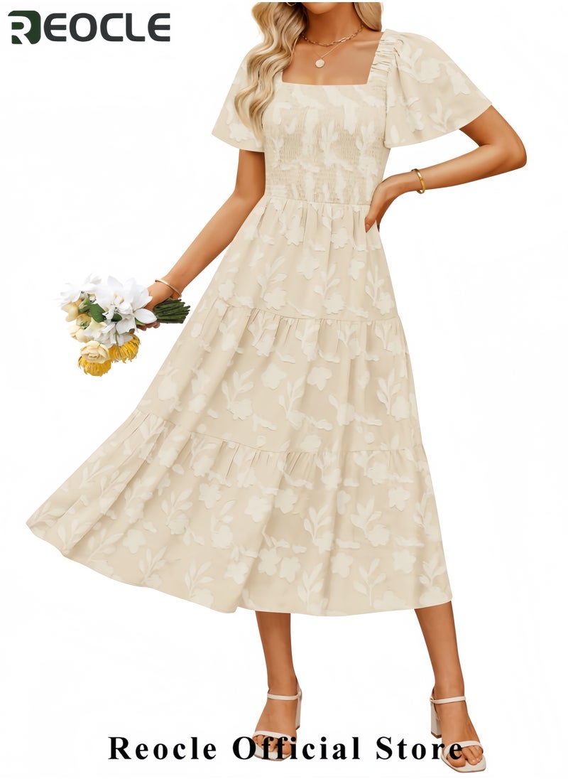 Women's Summer Boho Floral Midi Dresses Casual Short Sleeve Square Neck Flowy Beach Vacation Long Dress