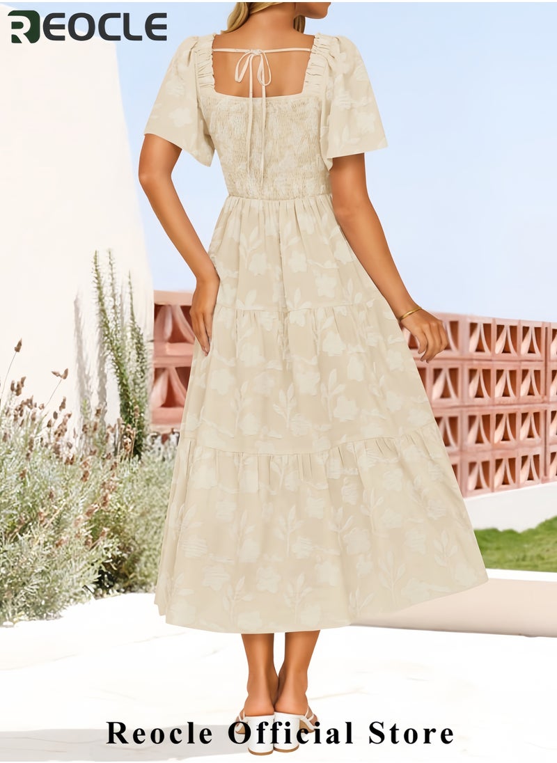 Women's Summer Boho Floral Midi Dresses Casual Short Sleeve Square Neck Flowy Beach Vacation Long Dress