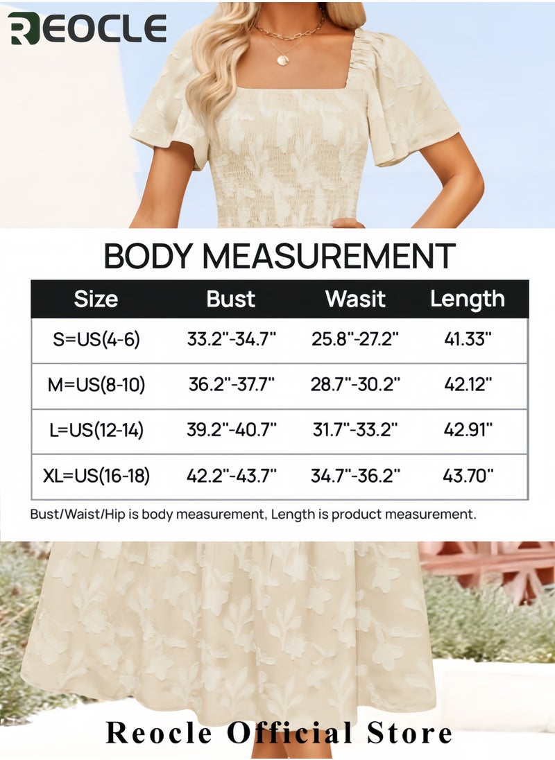 Women's Summer Boho Floral Midi Dresses Casual Short Sleeve Square Neck Flowy Beach Vacation Long Dress