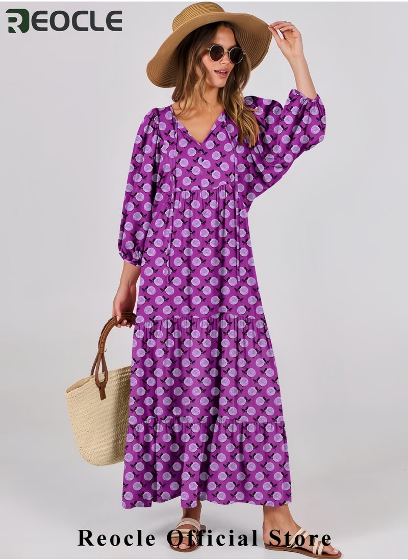 Womens Boho Maxi Dresses Summer V Neck Puff Sleeve Floral Flowy Swing Casual Long Dress