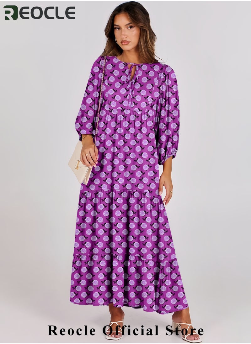 Womens Boho Maxi Dresses Summer V Neck Puff Sleeve Floral Flowy Swing Casual Long Dress