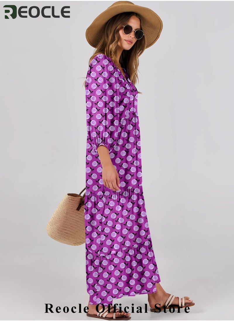 Womens Boho Maxi Dresses Summer V Neck Puff Sleeve Floral Flowy Swing Casual Long Dress