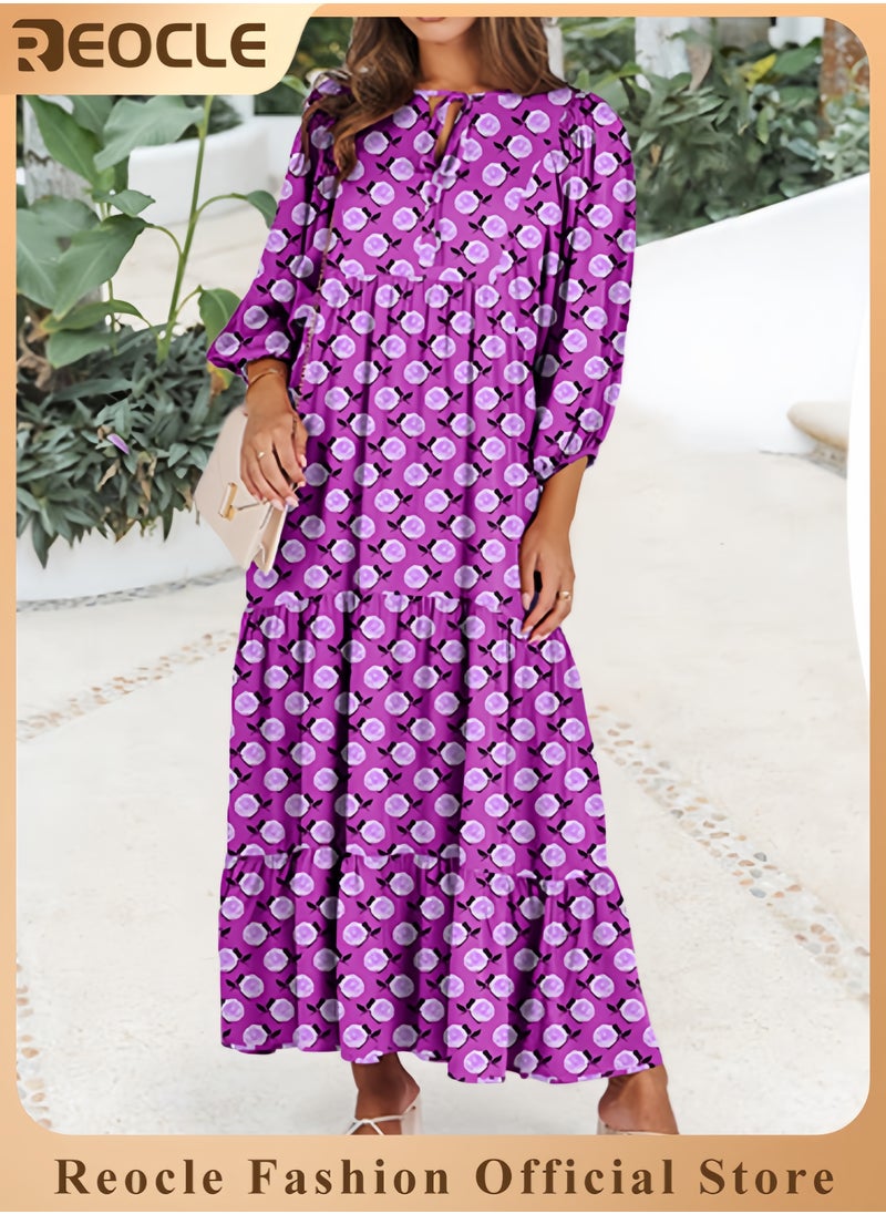 Womens Boho Maxi Dresses Summer V Neck Puff Sleeve Floral Flowy Swing Casual Long Dress