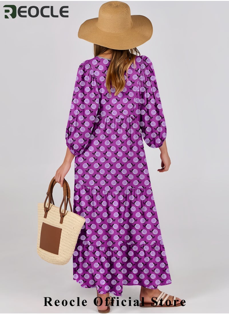 Womens Boho Maxi Dresses Summer V Neck Puff Sleeve Floral Flowy Swing Casual Long Dress