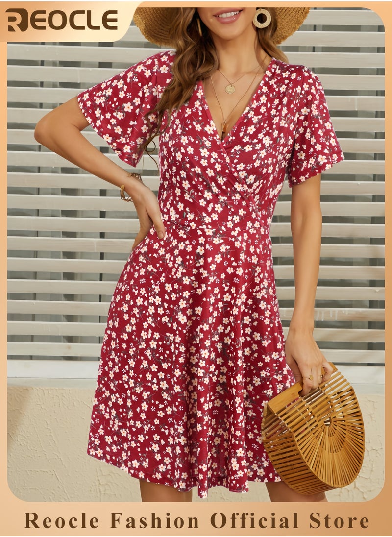 Womens Sundress Summer Floral Short Sleeve Wrap V Neck A-Line Midi Dress
