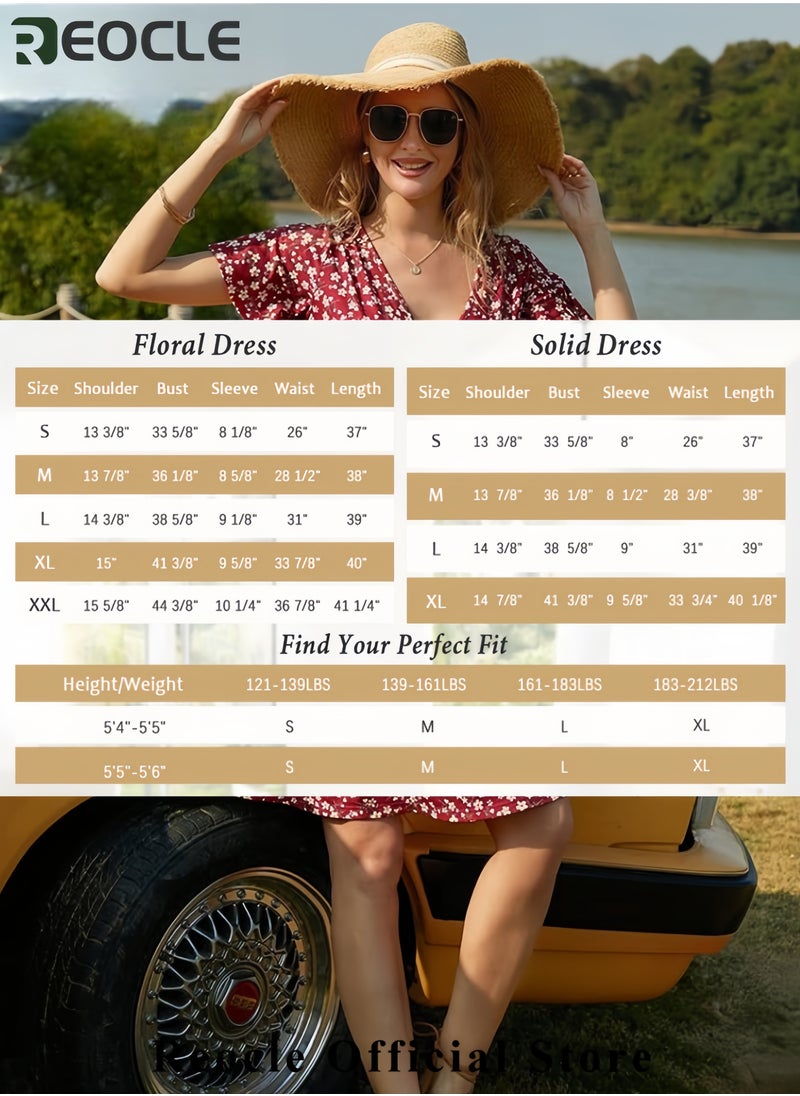 Womens Sundress Summer Floral Short Sleeve Wrap V Neck A-Line Midi Dress