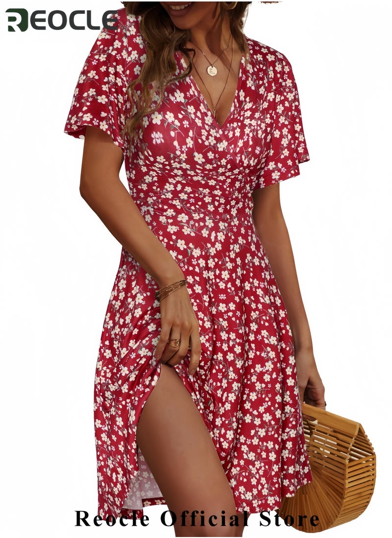 Womens Sundress Summer Floral Short Sleeve Wrap V Neck A-Line Midi Dress
