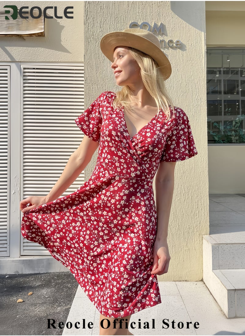 Womens Sundress Summer Floral Short Sleeve Wrap V Neck A-Line Midi Dress