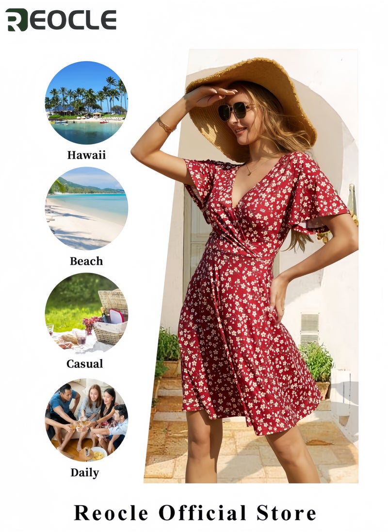 Womens Sundress Summer Floral Short Sleeve Wrap V Neck A-Line Midi Dress