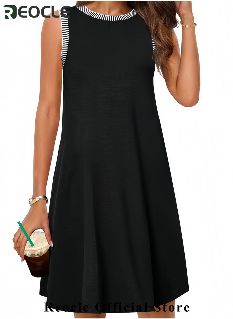 Women's Summer Spring Casual Sundress Beach Vacation Sleeveless Tank Crewneck Coverup Mini Dresses