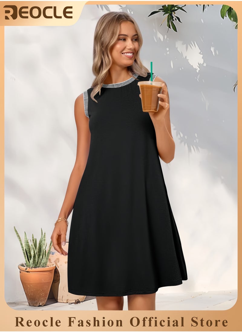 Women's Summer Spring Casual Sundress Beach Vacation Sleeveless Tank Crewneck Coverup Mini Dresses