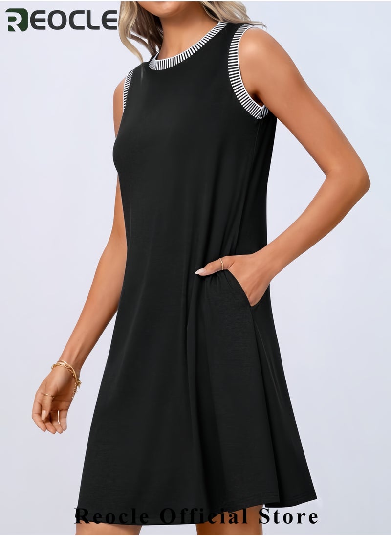 Women's Summer Spring Casual Sundress Beach Vacation Sleeveless Tank Crewneck Coverup Mini Dresses