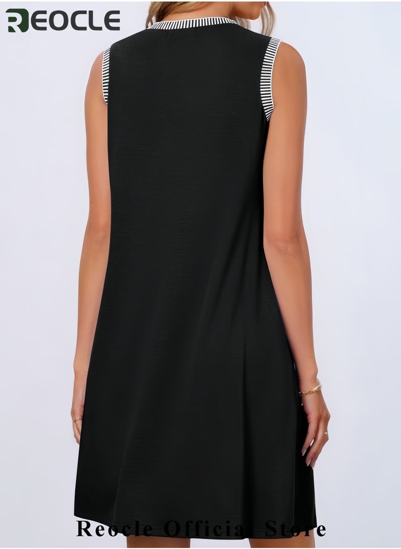 Women's Summer Spring Casual Sundress Beach Vacation Sleeveless Tank Crewneck Coverup Mini Dresses