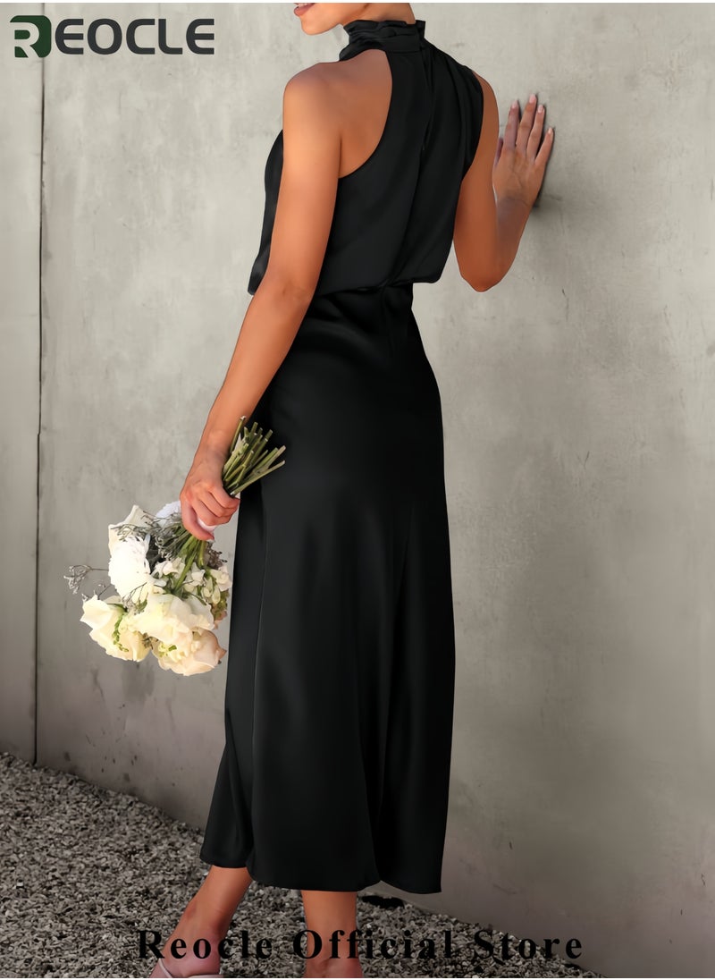 Women's Summer Satin Dress Elegant Sleeveless Mock Neck Cocktail Party Maxi Dresses
