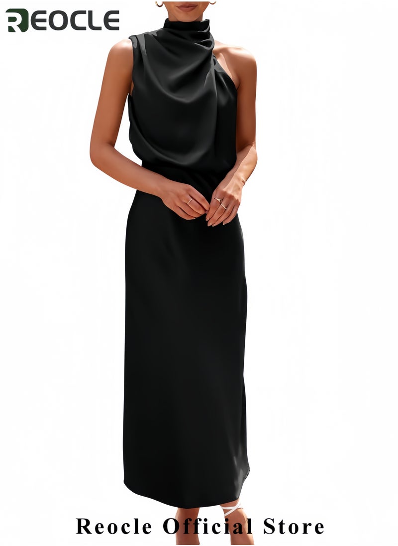 Women's Summer Satin Dress Elegant Sleeveless Mock Neck Cocktail Party Maxi Dresses