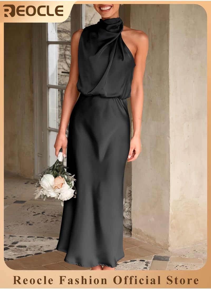 Women's Summer Satin Dress Elegant Sleeveless Mock Neck Cocktail Party Maxi Dresses