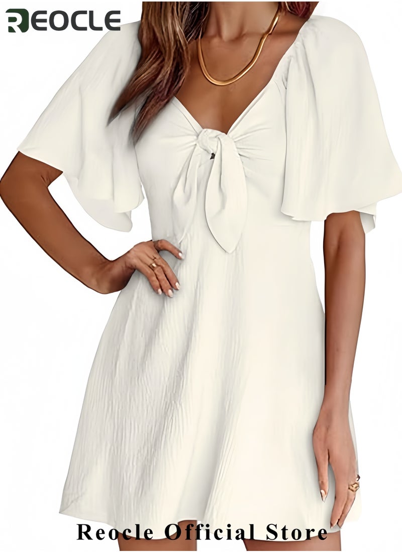 Womens Dresses Spring Summer Deep V Neck Elegant Bow tie Mini Dress S-XL