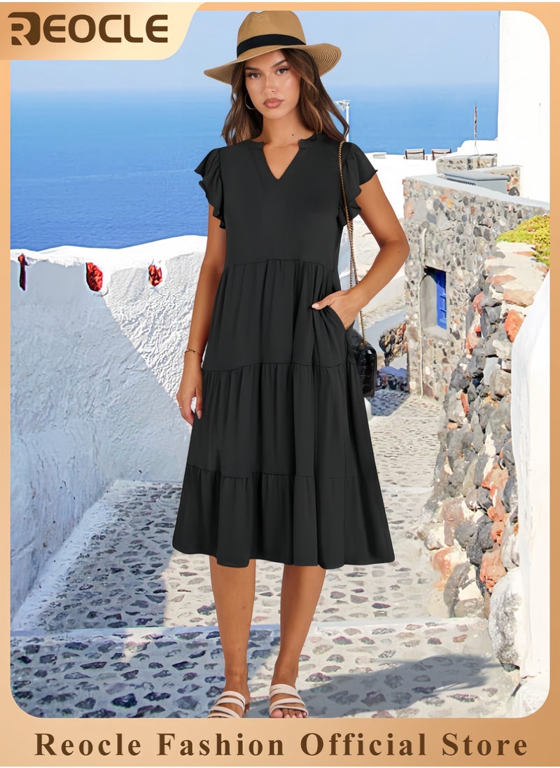 Womens Summer Dress Ruffle Sleeve V Neck Midi Dresses Fashion Casual Fit Flowy Tiered Boho Beach Vacation Sundress