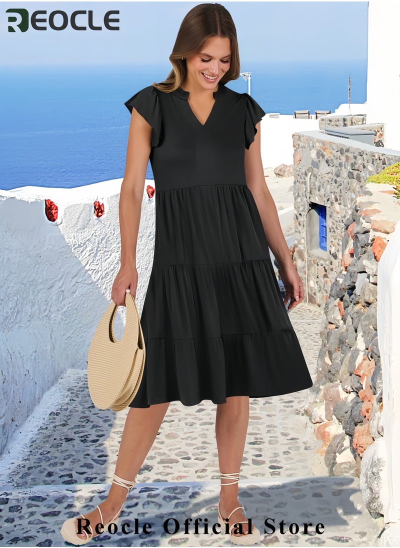 Womens Summer Dress Ruffle Sleeve V Neck Midi Dresses Fashion Casual Fit Flowy Tiered Boho Beach Vacation Sundress
