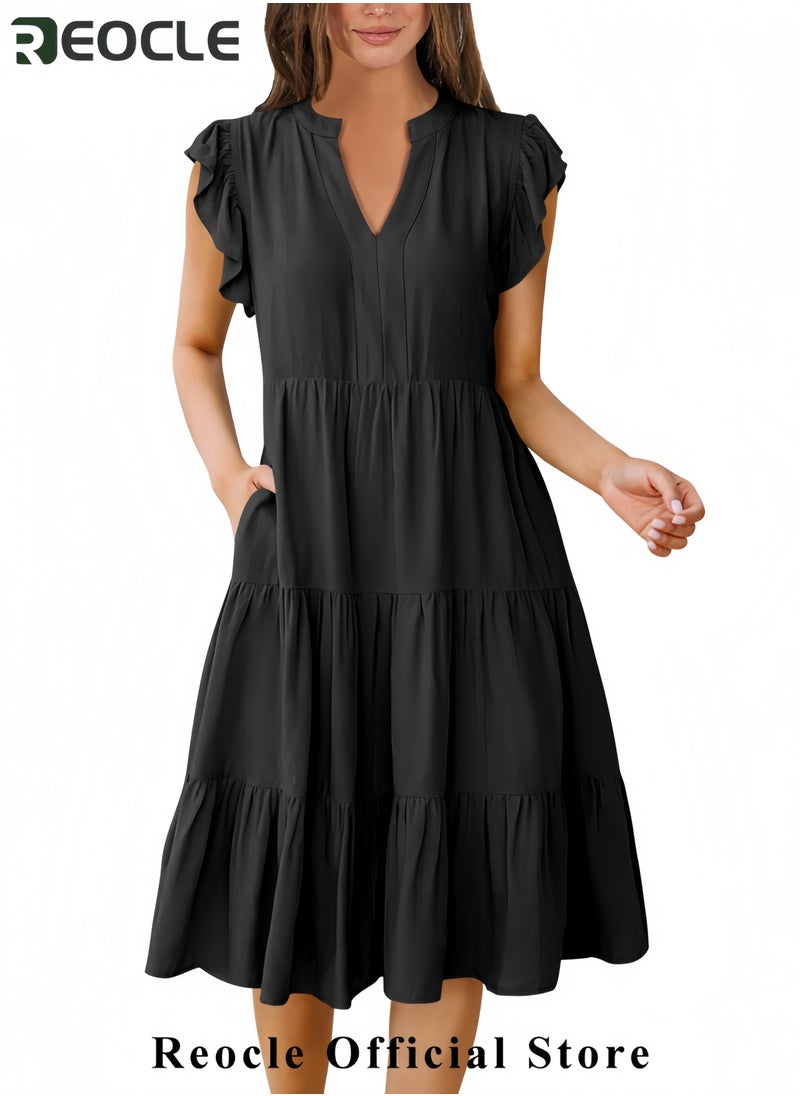 Womens Summer Dress Ruffle Sleeve V Neck Midi Dresses Fashion Casual Fit Flowy Tiered Boho Beach Vacation Sundress
